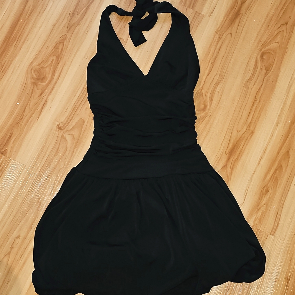 2000s Vintage Halter Ruched Black Dress